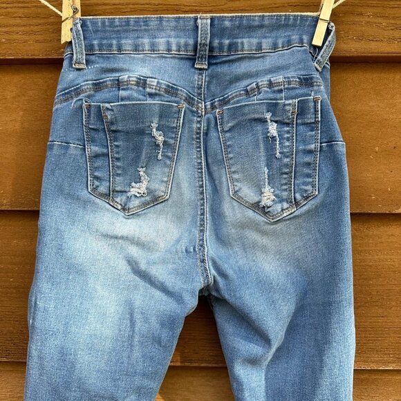 Wax Jeans 'Butt I Love you' Distressed Skinny Mid-Rise Denim Medium Blue Wash - Picture 8 of 13